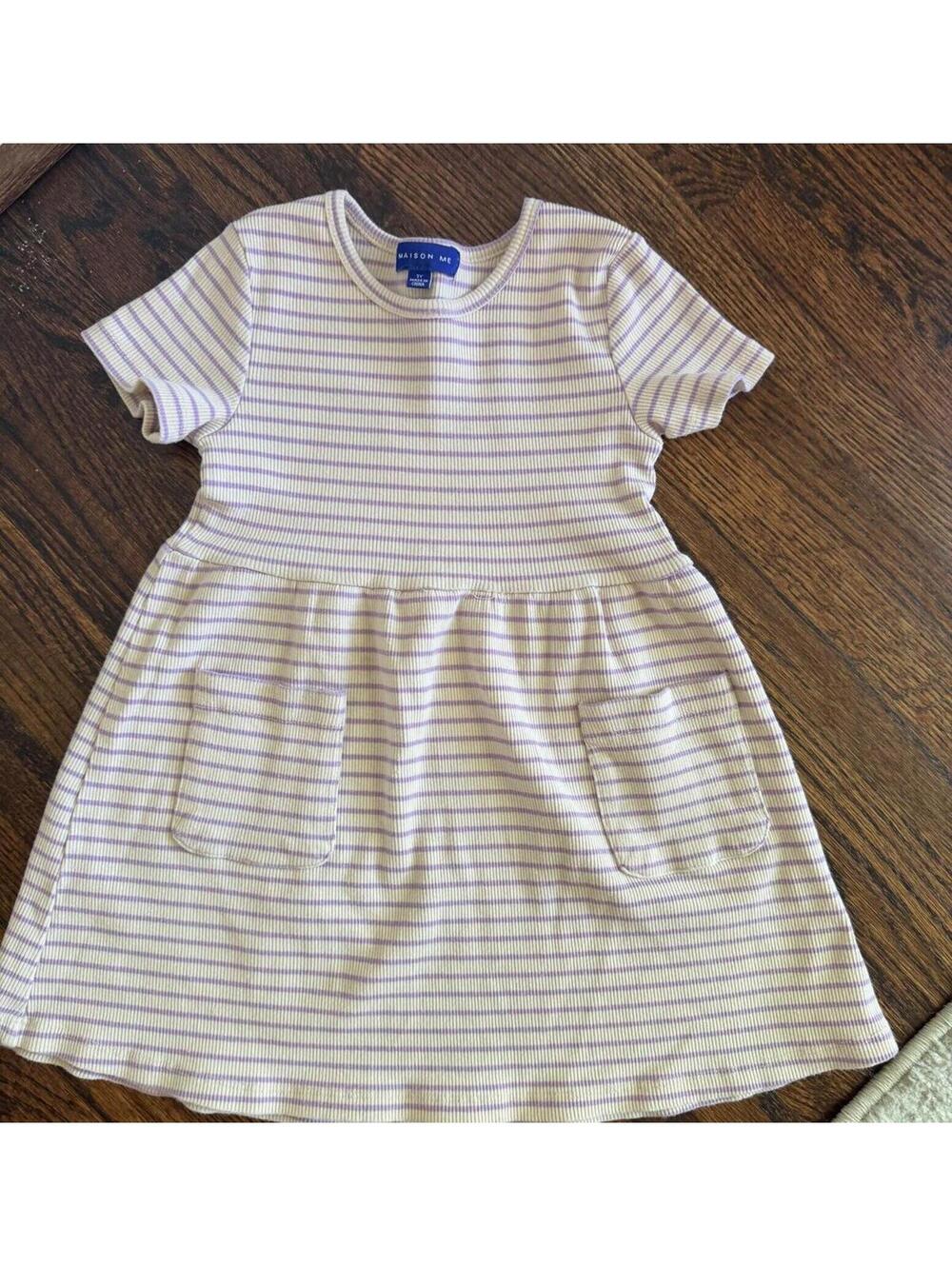 Maison Me Girls Purple Striped Ribbed Knit Dress 3Y Drop Waist Pockets Cozy Cute